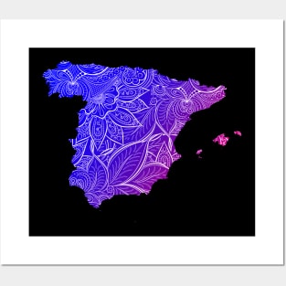 Colorful mandala art map of Spain with text in blue and violet Posters and Art